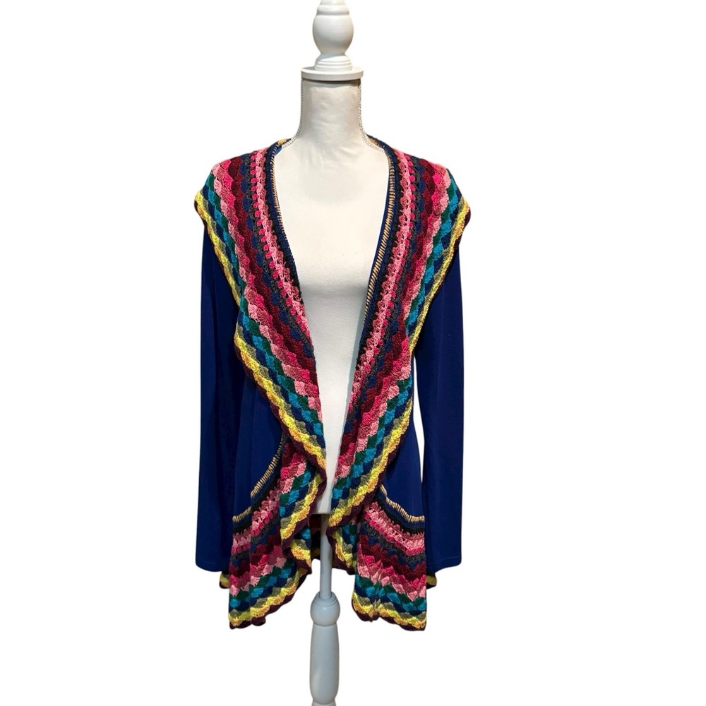 Double Zero Blue Open-Front Cardigan Rainbow Crochet‎ Trim Sweater Medium
